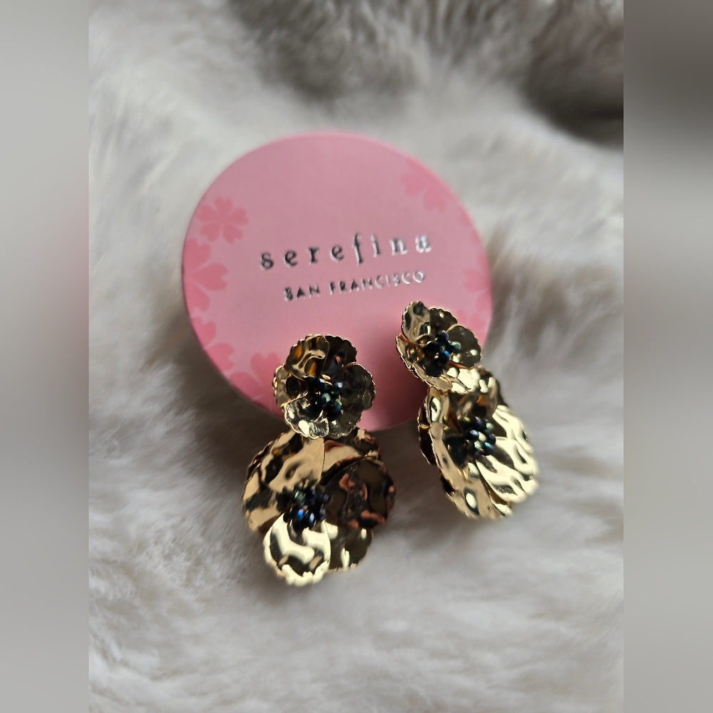 NWOT! Serefina X Anthropologie,  Poppy Front & Back Earrings, Gold/Black - Picture 4 of 5